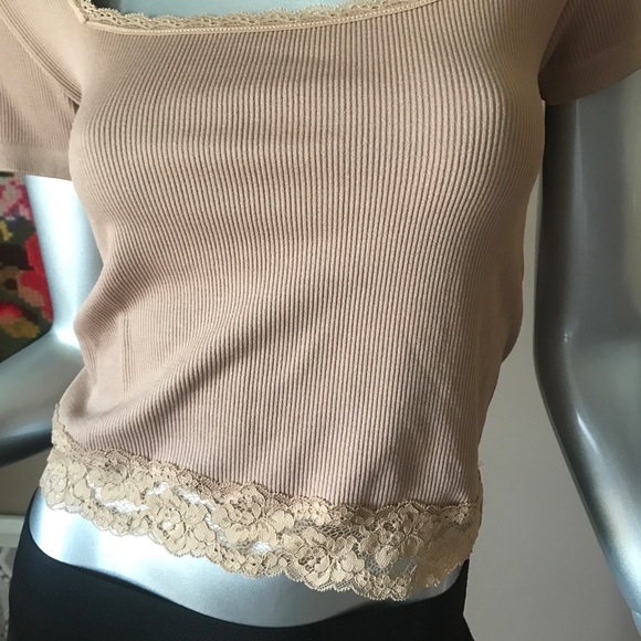 Planet Gold Ribbed Cropped Top Juniors Medium Tan Incense Square Neck Lace-Trim - Picture 3 of 10